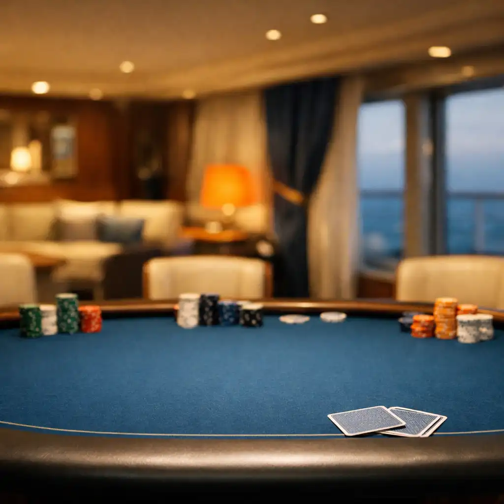 Stół pokerowy na statku wycieczkowym z uporządkowanymi żetonami i kartami